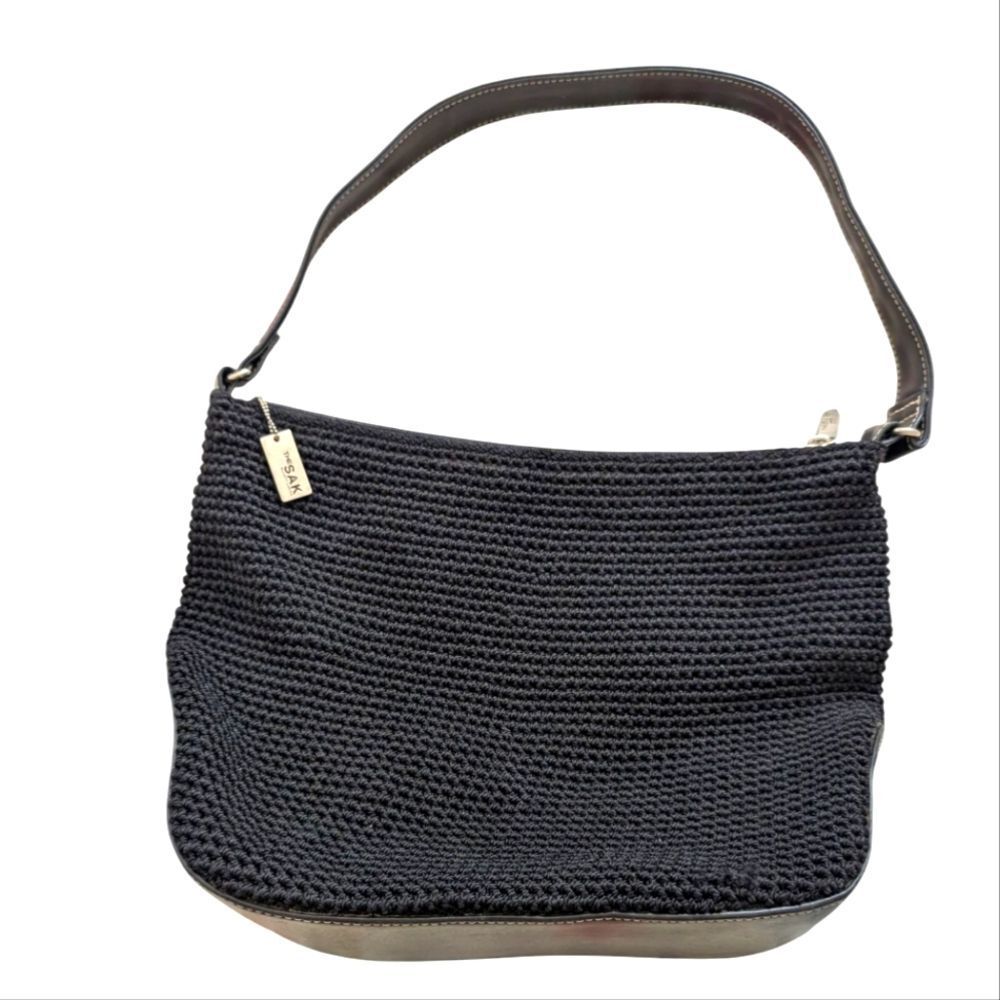 THE SAK Women's all black knit nylon & leather shoulder bag